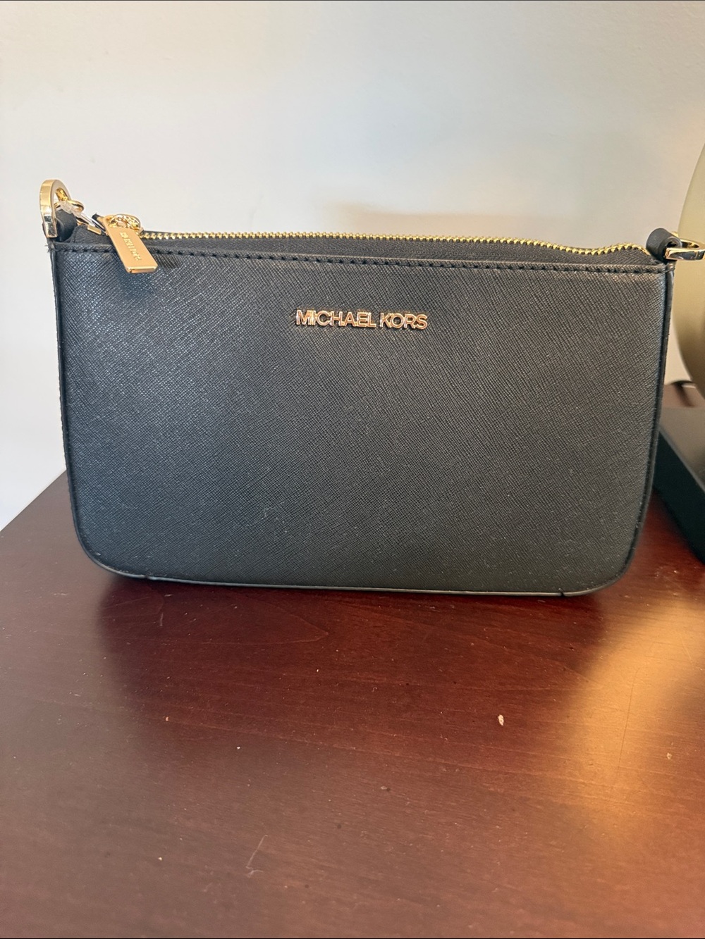 Michael Kors Black Saffiano Leather Wristlet with Gold Hardware